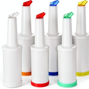 6-Piece Professional Bar Juice Pour Bottles Set - 0.9 Quart Juice Pourers for Bartending, Store and Pour Containers for Bar with Leakproof Spouts (Multicolor, 3.7x13 Inch, PP Plastic)-0