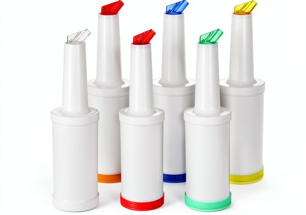 6-Piece Professional Bar Juice Pour Bottles Set - 0.9 Quart Juice Pourers for Bartending, Store and Pour Containers for Bar with Leakproof Spouts (Multicolor, 3.7x13 Inch, PP Plastic)-0