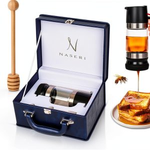 Glass Honey Dispenser with Wood Dipper Stick - No Drip Bottom Spout, Easy Pouring for Kitchen Convenience. Multipurpose for Syrup & Salad Dressing. Luxury Case for Gift & Storage-0