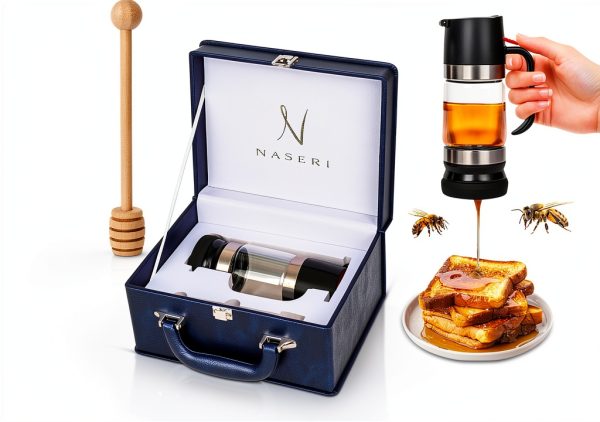Glass Honey Dispenser with Wood Dipper Stick - No Drip Bottom Spout, Easy Pouring for Kitchen Convenience. Multipurpose for Syrup & Salad Dressing. Luxury Case for Gift & Storage-0