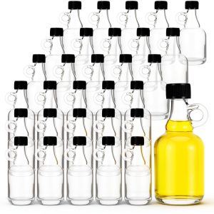 30 Pcs Supply Glass Maple Syrup Bottles 1.7 oz Black Plastic | Loop Handle, Glass Syrup Bottles with Loop Handle Tamper Evident Lids for Milk Juice Sauce-0