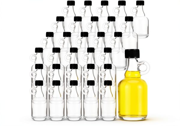30 Pcs Supply Glass Maple Syrup Bottles 1.7 oz Black Plastic | Loop Handle, Glass Syrup Bottles with Loop Handle Tamper Evident Lids for Milk Juice Sauce-0