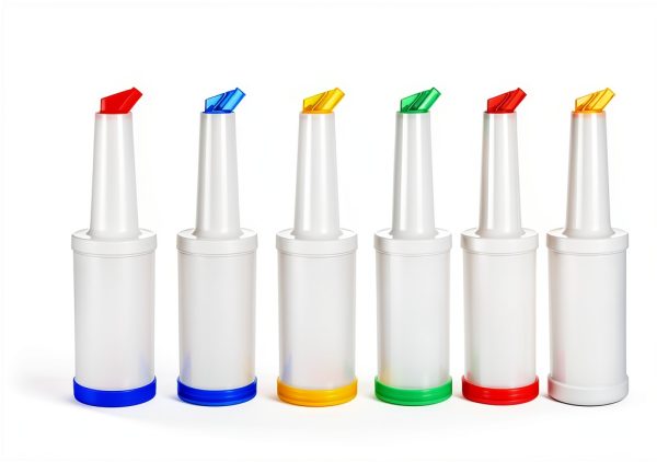 6-Piece Professional Bar Juice Pour Bottles Set - 0.9 Quart Juice Pourers for Bartending, Store and Pour Containers for Bar with Leakproof Spouts (Multicolor, 3.7x13 Inch, PP Plastic)-1