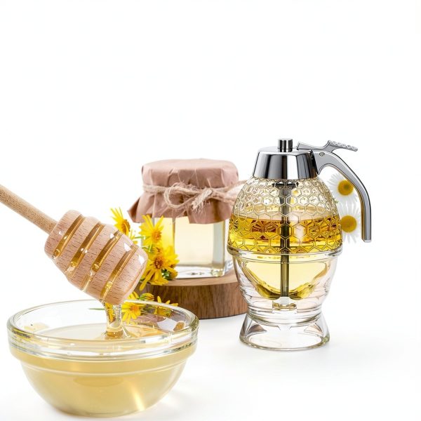 Honey Dispenser No Drip Glass 8 oz, Maple Syrup Dispenser, Honey Jar with Stand, Beautiful Honey Comb Shaped Honey Pot, Perfect Bee Decoration for Home Kitchen-3