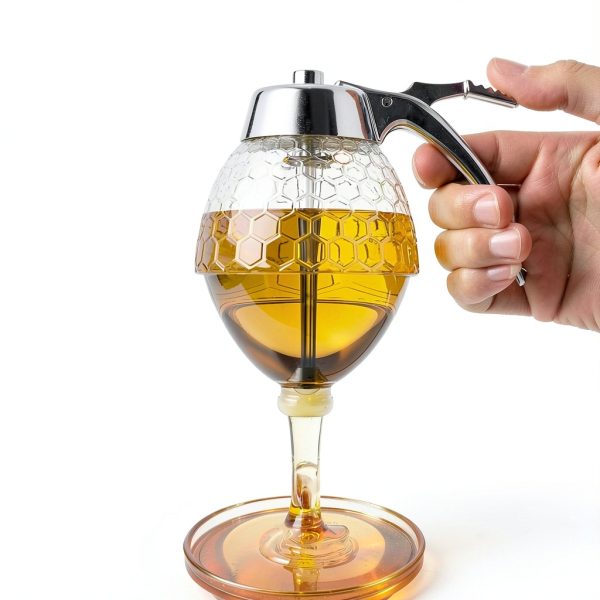 Honey Dispenser No Drip Glass 8 oz, Maple Syrup Dispenser, Honey Jar with Stand, Beautiful Honey Comb Shaped Honey Pot, Perfect Bee Decoration for Home Kitchen-2
