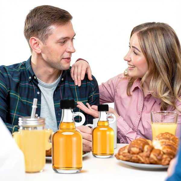 30 Pcs Supply Glass Maple Syrup Bottles 1.7 oz Black Plastic | Loop Handle, Glass Syrup Bottles with Loop Handle Tamper Evident Lids for Milk Juice Sauce-4