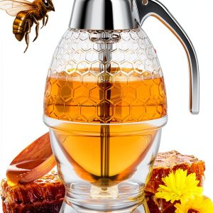 Honey Dispenser No Drip Glass 8 oz, Maple Syrup Dispenser, Honey Jar with Stand, Beautiful Honey Comb Shaped Honey Pot, Perfect Bee Decoration for Home Kitchen-0