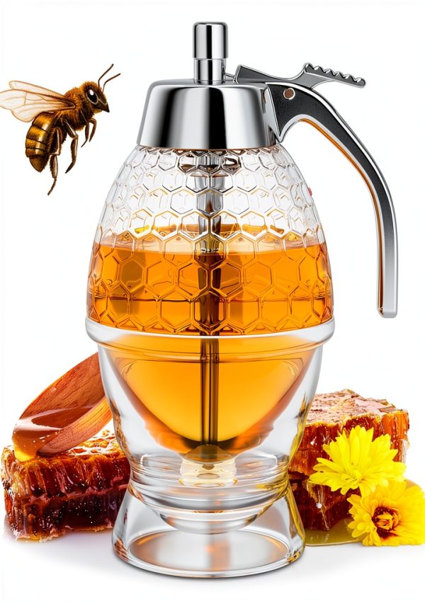 Honey Dispenser No Drip Glass 8 oz, Maple Syrup Dispenser, Honey Jar with Stand, Beautiful Honey Comb Shaped Honey Pot, Perfect Bee Decoration for Home Kitchen-0