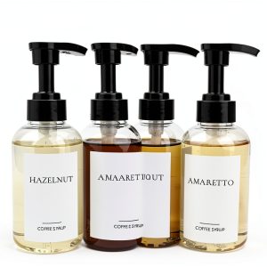 4 Pieces Coffee Syrup Dispenser Bottle 300ml PET Black Pump Bottles with Labels for Coffee Bar Organization-0