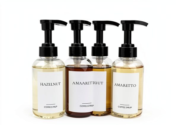 4 Pieces Coffee Syrup Dispenser Bottle 300ml PET Black Pump Bottles with Labels for Coffee Bar Organization-0