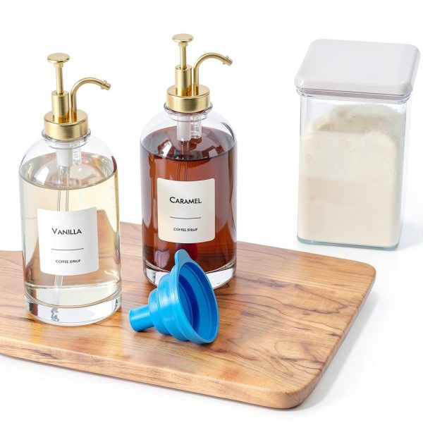 16.9 oz (500 ml) Coffee Syrup Dispenser Set - 2 Glass Bottles with Gold Pumper and Syrup Labels - Precise Dispensing and Stylish Addition to Coffee Shop, Cafe or Home Bar-6
